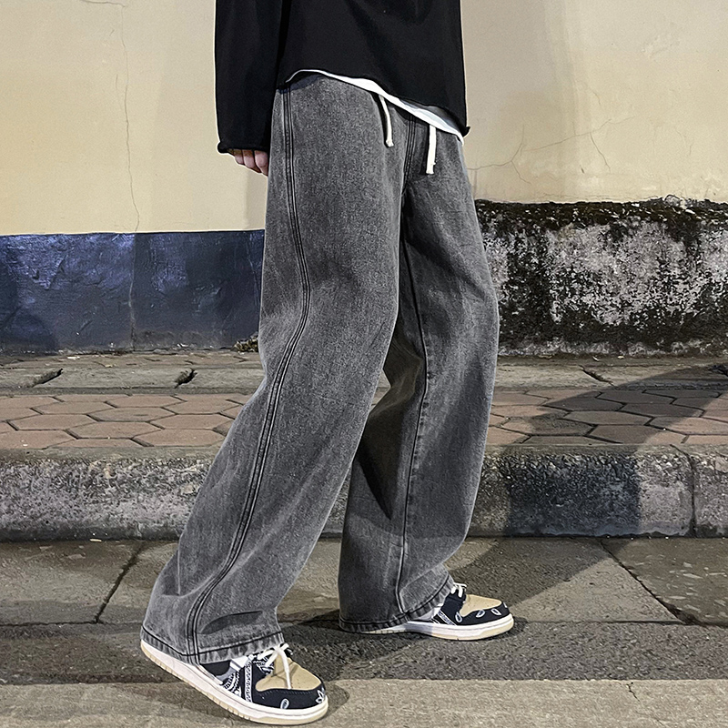 Men'S Fashion Grey Jeans - Calça jeans folgada masculina, moda coreana,